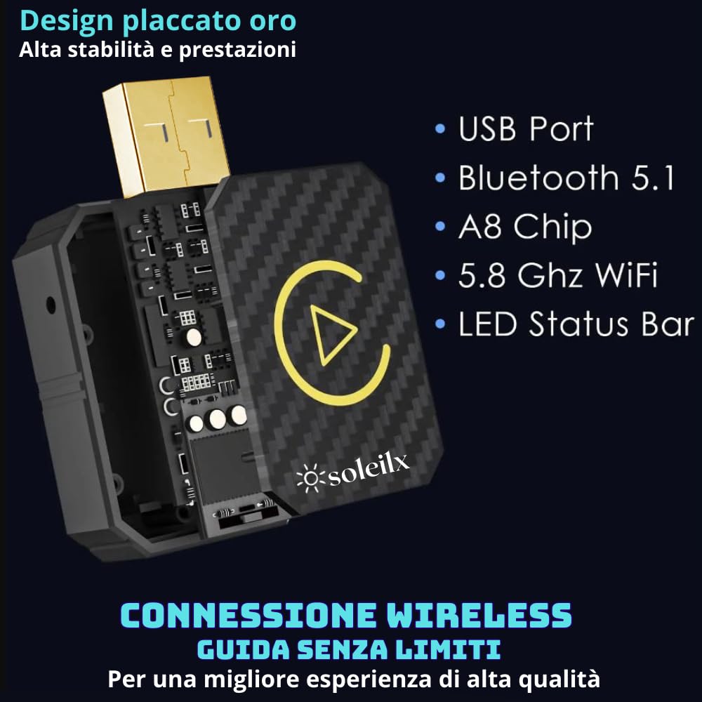 soleilx Adattatore Wireless Carplay & Android Auto per Sistemi Multimediali Auto - Converte da Cablato a Wireless, USB C/A, Plug & Play, Mini Nero