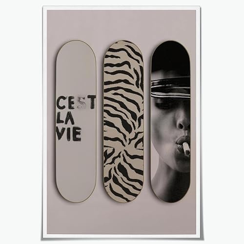 Arte de pared de cebra de moda, diseño de monopatín C'est La Vie con afirmaciones positivas, póster estético retro de lujo, impresión en lienzo para