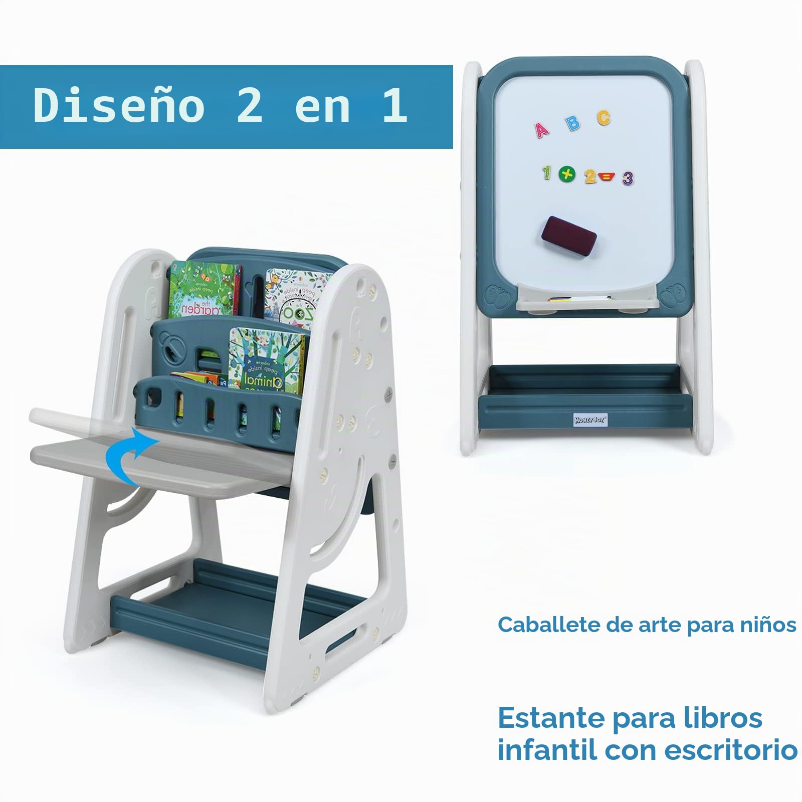 LIFEZEAL Juego de mesa con caballete magnética y librería, mesa con pizarra blanca, escritorio infantil con tabla plegable de dibujo, caballete ajustable con silla ergonómica para niños 3 años+ (Azul)