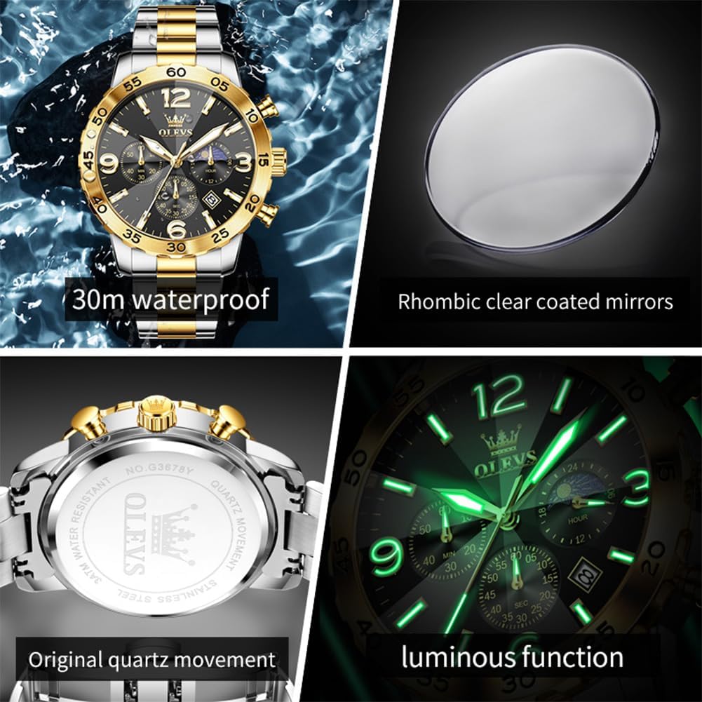 OLEVS Watch Men Luxury Big Wrist Face Analog Quartz Mens Watches Stainless Steel Waterproof Luminous Date Dress Chronograph Moon Phase Relojes para Hombres