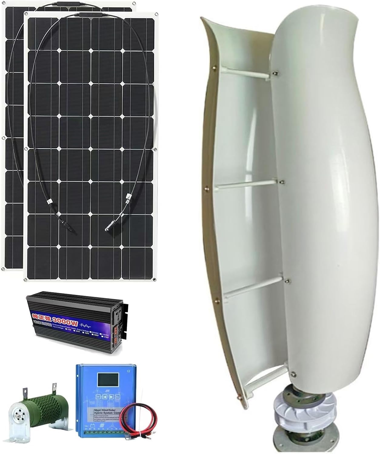 Kit generatore eolico 3KW con 2 pannelli solari da 100 W e inverter da 3000 W, sistema di generazione ibrida eolica solare