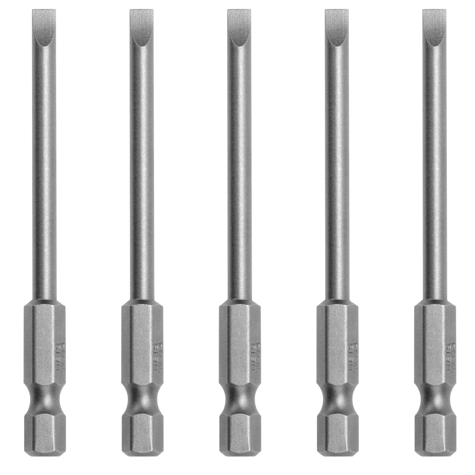 5 Pcs Slotted Screwdriver Bits 4mm Long Screwdriver Bits 1/4 Inch Hex Shank Magnetic Flat Head S2 Steel Screw Driver Drive Drill Bits Power Tool for Electric Screwdrivers, 75mm Long