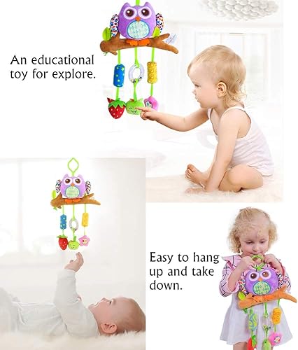 Miniatura 6 de daisy's dream Juguetes de cochecito de bebé con diseño de búho para bebé, juguetes de peluche colgantes con carillón de viento y chirrido para cuna,