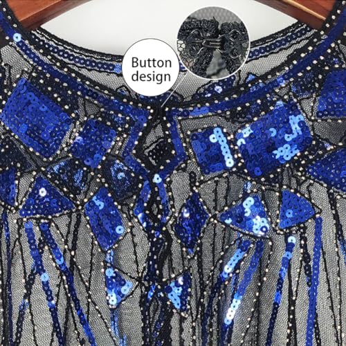 1920s Shawl Wraps Sequin Beaded Evening Cape Bridal Shawl Bolero Flapper Cover Up Oversize Transparent Mesh Shawl Wrap (Black Golden) 6