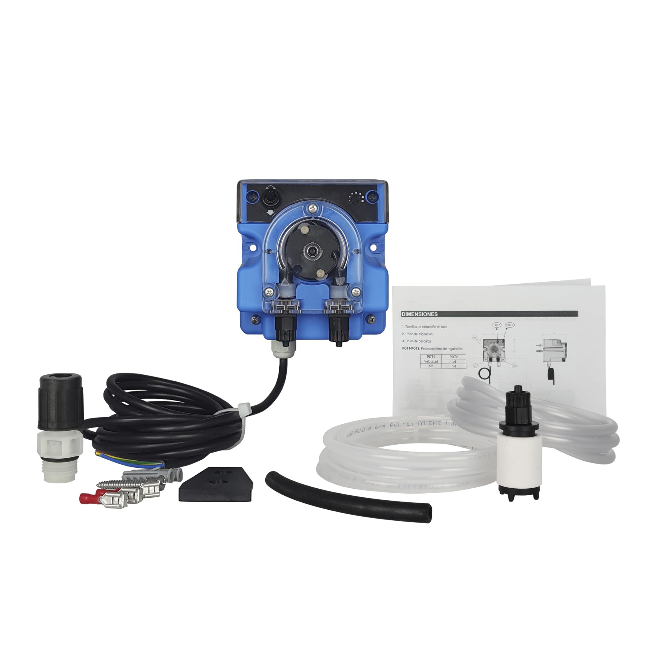 Dosificador Automatico Hipoclorito Piscina PH. Bomba Peristáltica con tubo resistente a Cloro y productos ácidos.