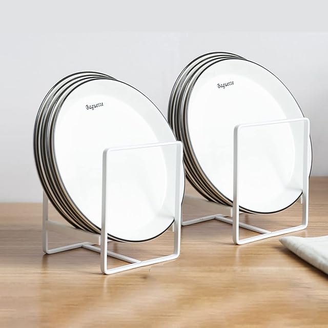 ZAYMDO Dish Drainers Plate Organizer, 2Pcs White Metal Vertical Plate Dish Rack Plate Holder, Dish Draining/ Drying Rack/ Pan Holder Stand for Kitchen, Counter Top or Cabinet Shelf (White Large)
