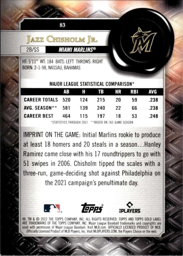 Miniatura 2 de 2022 TOPPS GOLD LABEL CLASS 2#83 JAZZ CHISHOLM JR. MIAMI MARLINS BASEBALL OFFICIAL TRADING CARD OF MLB