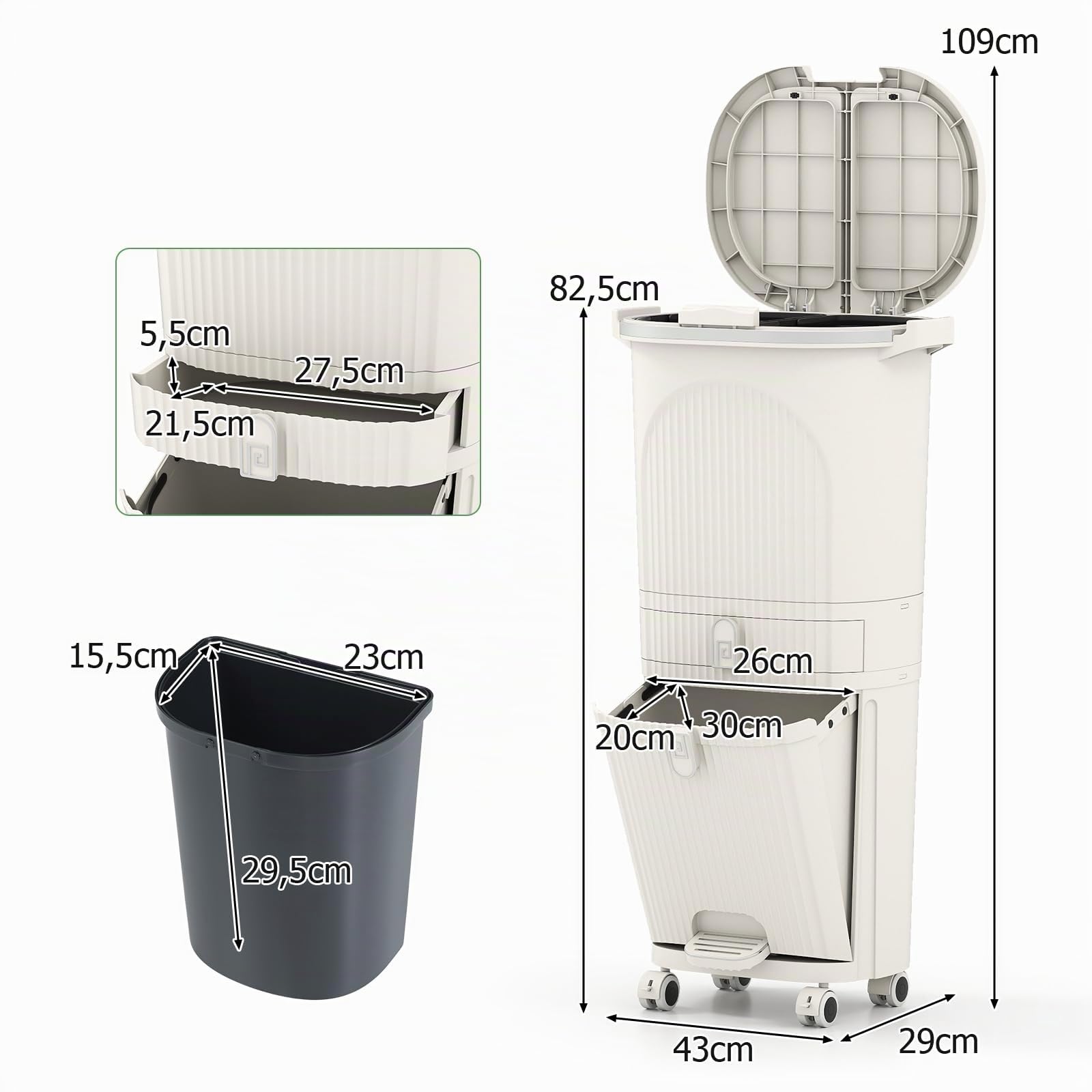 GIANTEX Mülleimer Küche 42 L, Mülltrennsystem 3 Fächer & Schublade, Abfalleimer mit Rollen, Küchenmülleimer Küchenabfalleimer mit Doppeldeckel & Pedal, Tretmülleimer für Küche 43x29x82,5 cm, Cremeweiß