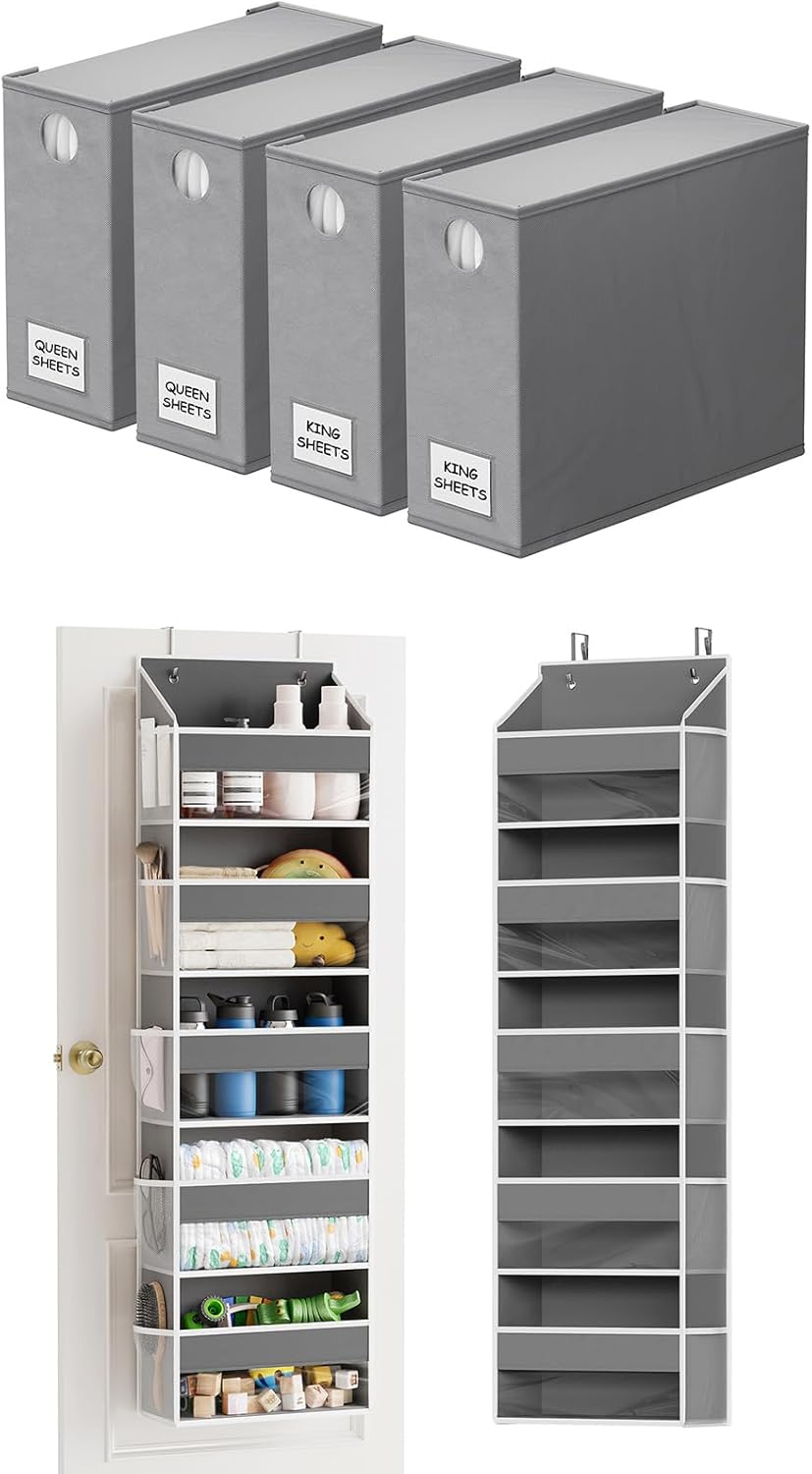 SpaceAid 4 Pack Bed Sheet Organizers 1 Pack Over The Door Organizer with 5 Large Pockets