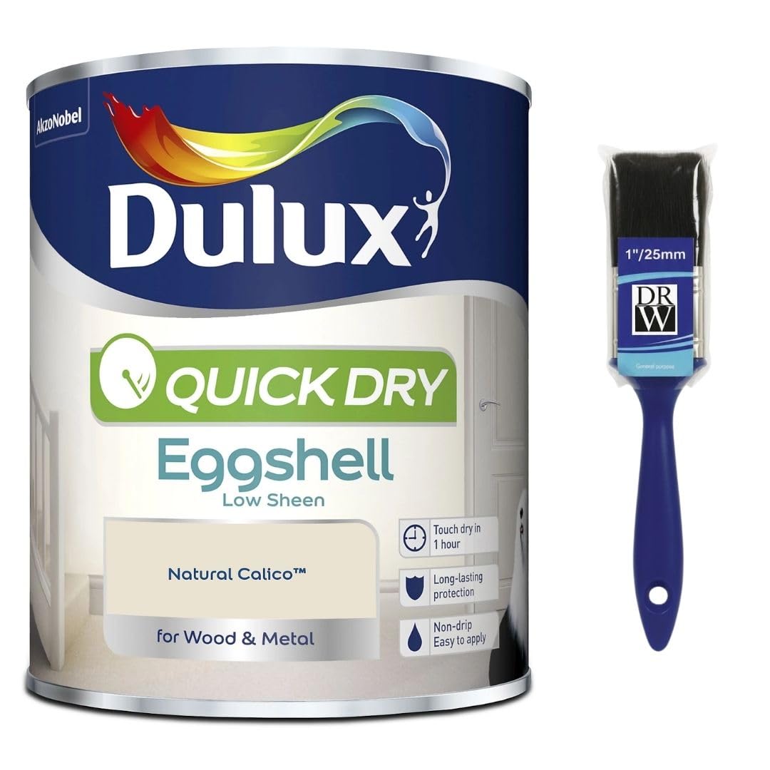 DRW Natural Calico Quick Drying Eggshell Paint 750ml +1" Paint Brush | Interior Wood and Metal Paint | Durable Low Sheen Finish | Fast Drying Trim Paint for Doors Skirting Boards and Furniture