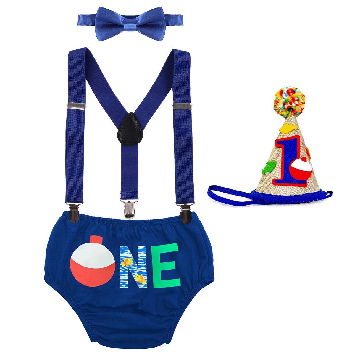 IBTOM CASTLE Baby Boys Cake Smash Outfits Wild One Crown for 1st 2nd Birthday Party 4PCS Shorts Bowtie Suspenders Headbands Clothes Fishing-Royal Blue 12-18 Months