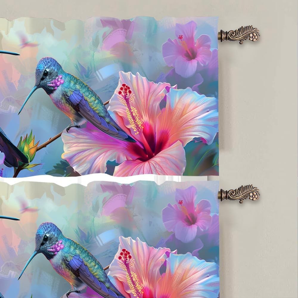 2 Panels Watercolor Hummingbird Floral Window Valances, Animal Flower Window Treatment Decor Curtains Rod Pocket Valances for Kitchen/Living Room, 54" X 18"