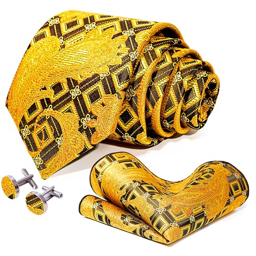 Image of 5PCS Tie and Pocket Square for Men, Silk Necktie and Handkerchief Cufflinks with Gold Ring and Lapel Pin Set