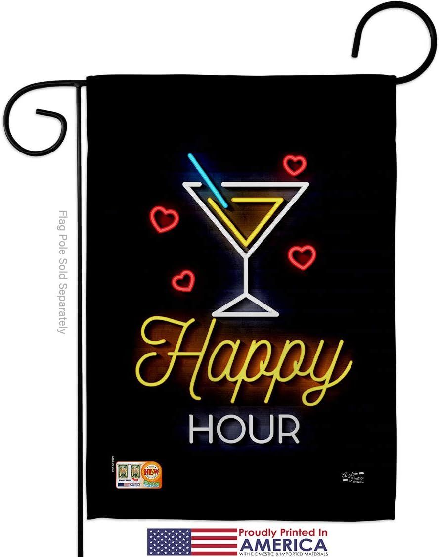 Neon Happy Hour Garden Flag Set Wood Dowel Beverages Party Drinks Celebrate Fun Summer Beach Tropical Small Decorative Gift Yard House Banner Made In USA 13 X 18.5