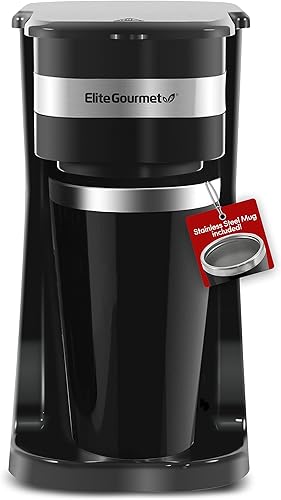 Elite Gourmet EHC114 - Cafetera compacta personal de una sola porción incluye 14 onzas, taza térmica de viaje con interior de acero inoxidable,