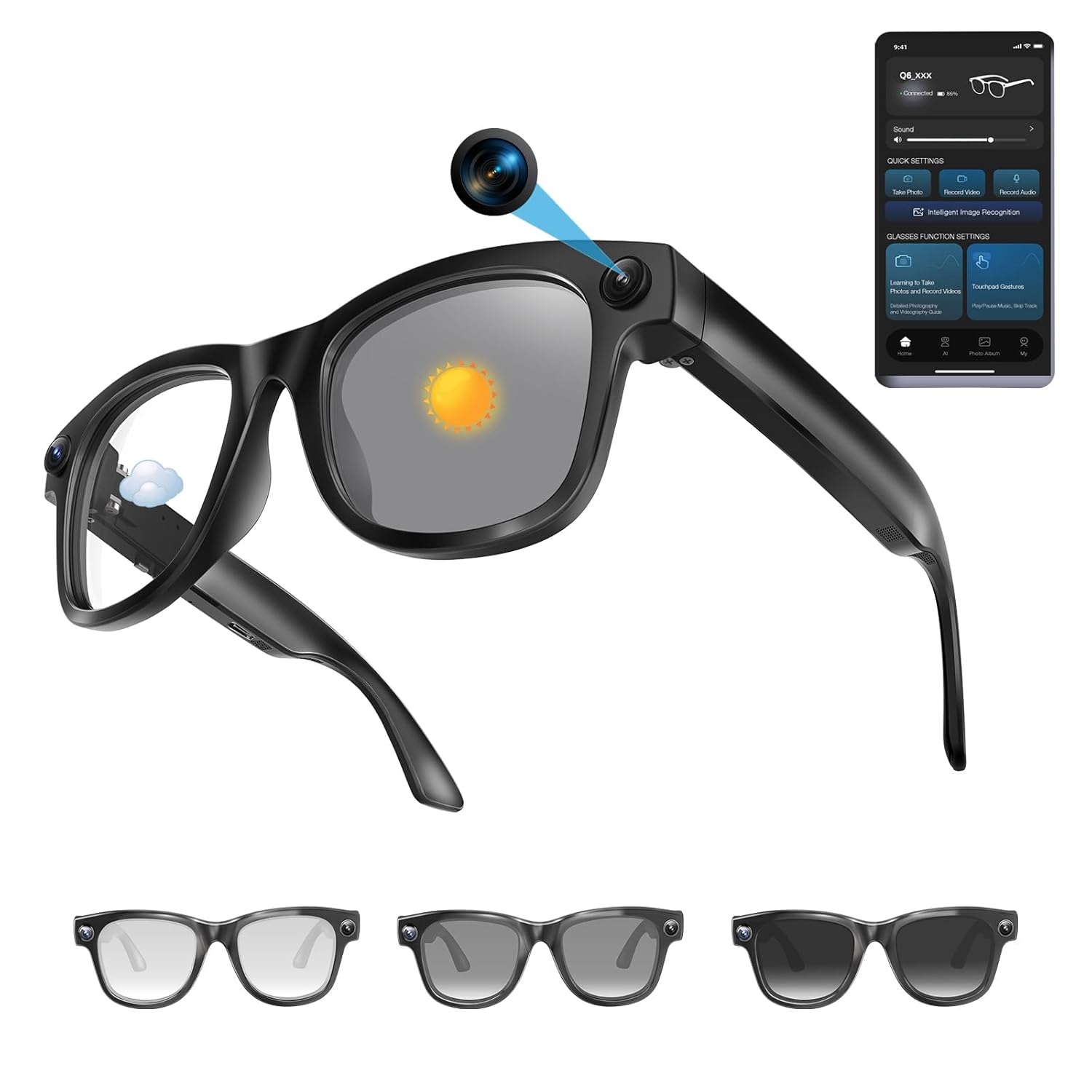 AI Smart Glasses with 1080 HD Camera Bluetooth Music Call Real-Time Translation in 110 Languages Hands-Free Video Recording