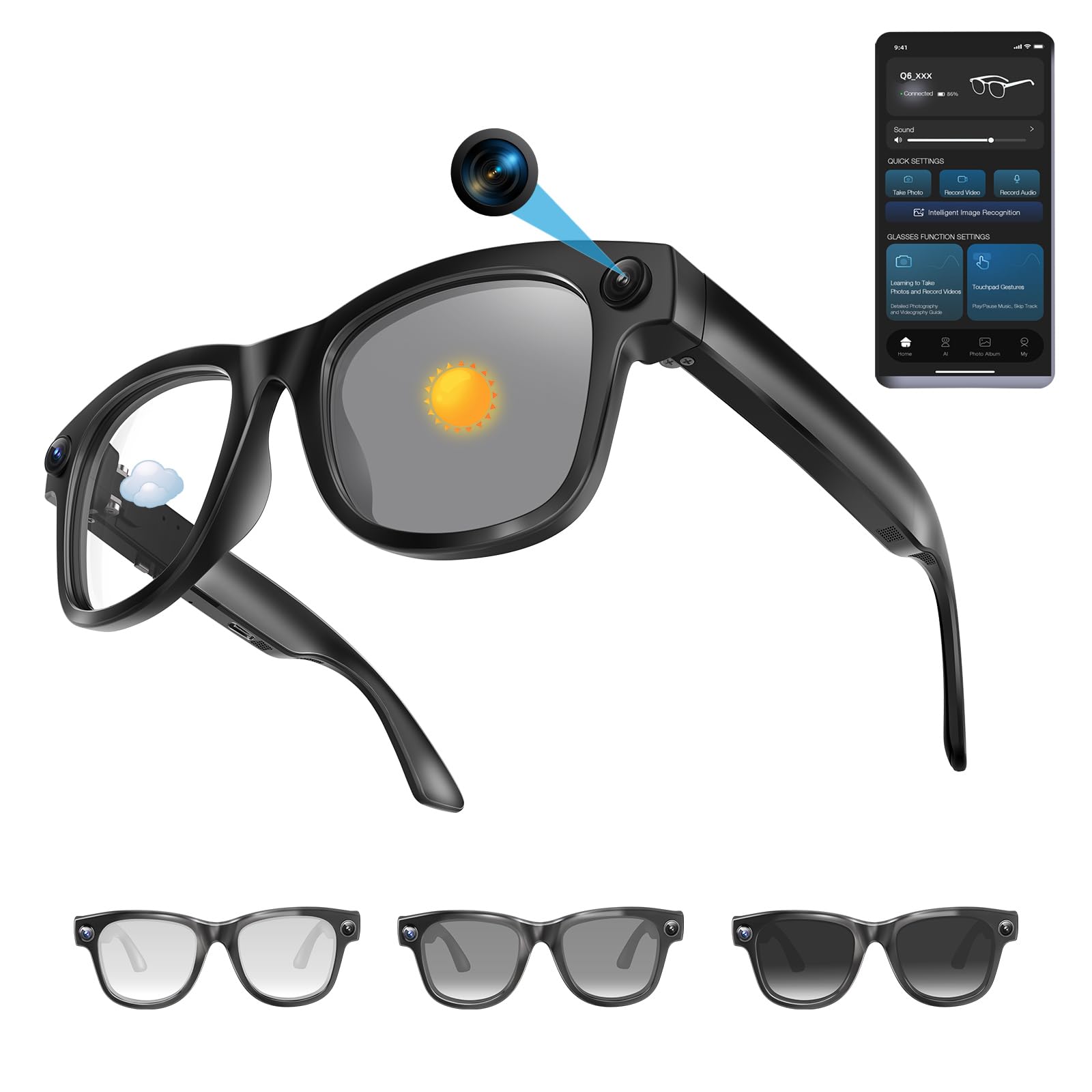 AI Smart Glasses with 1080 HD Camera Bluetooth Music Call Real-Time Translation in 110 Languages Hands-Free Video Recording