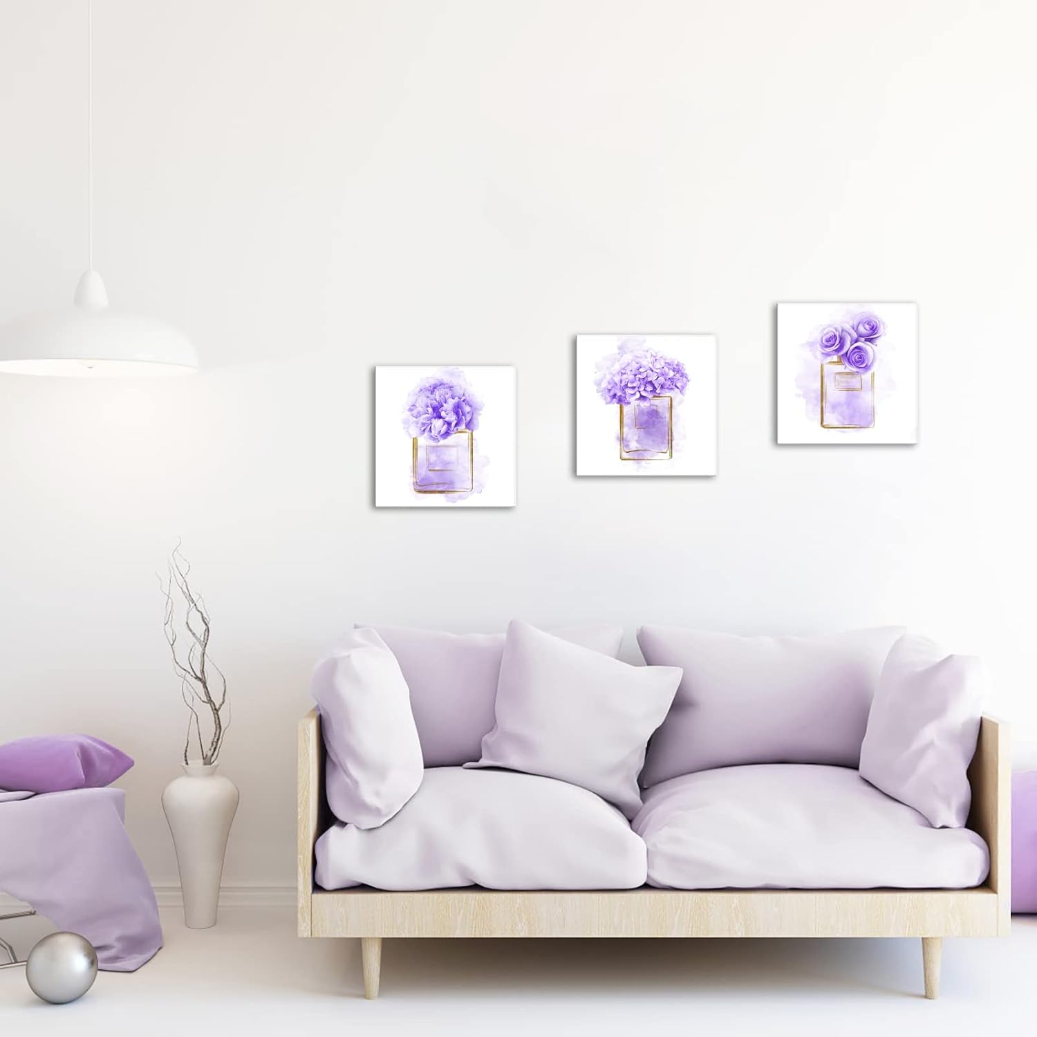 HOMEOART Purple Wall Art Purple Flower in Perfume Bottle Painting Bathroom Decor, Framed Canvas Wall Art Ready to Hang 12x12inchx3 Pieces