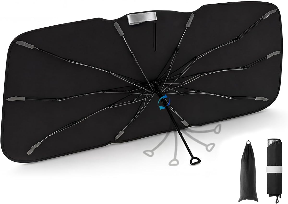 3W Windshield Sun Shade Umbrella, Medium 57.1" x 31.9", Graphene Coated | 2026 Upgraded Spring Structure Edge Pops Open Instantly, Blocks UV Rays & Heat, Keeps Interior Cool