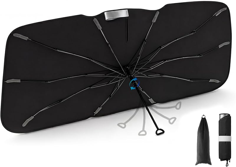 3W Windshield Sun Shade Umbrella, Medium 57.1" x 31.9", Graphene Coated | 2026 Upgraded Spring Structure Edge Pops Open Instantly, Blocks UV Rays & Heat, Keeps Interior Cool