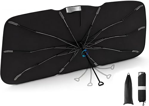 3W Windshield Sun Shade Umbrella, Large 63" x 32.3" Graphene Coating Heat Shield, Spring Structure Edge Protect Car Interior from Sun Rays & Heat Damage, Keep Cool