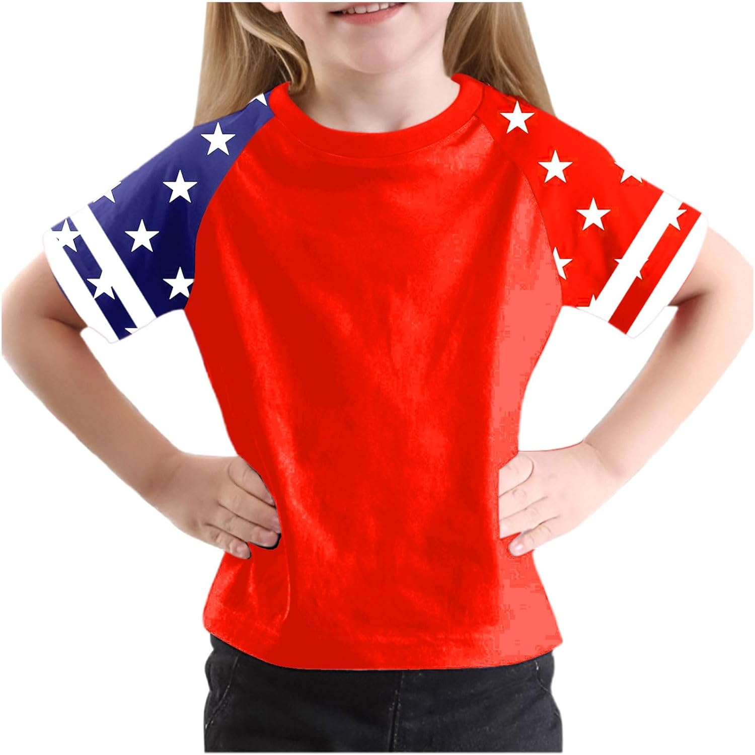 Patriotic Raglan Tshirt for Girls Stars Stripes Sleeves Crewneck Tee Short Sleeve Top Casual Sport Baseball Toddler
