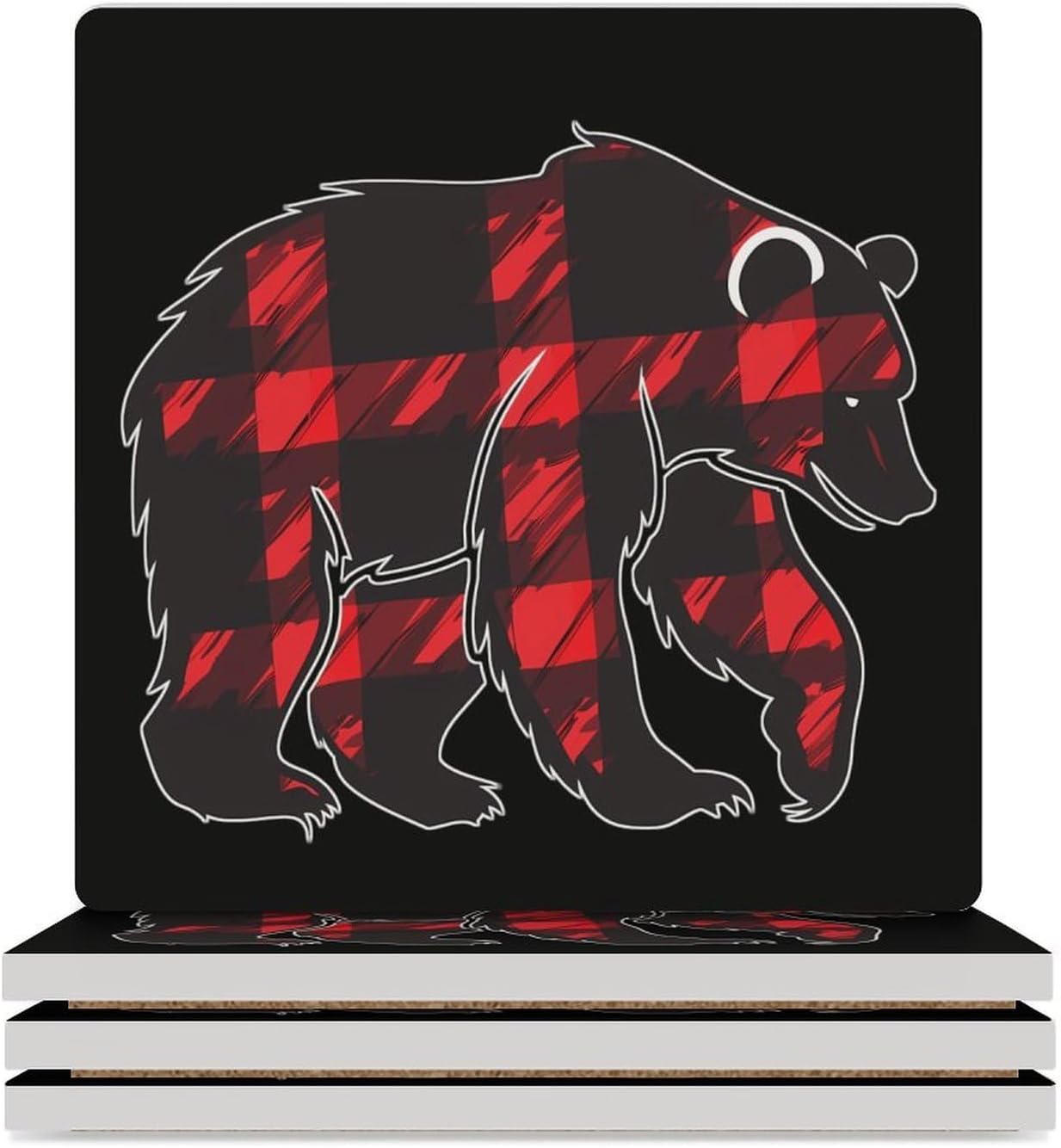 Plaid Bear Coaster for Drinks Square Ceramic Table Coasters Stone Mat Crafts 4PCS Home Kitchen Decor