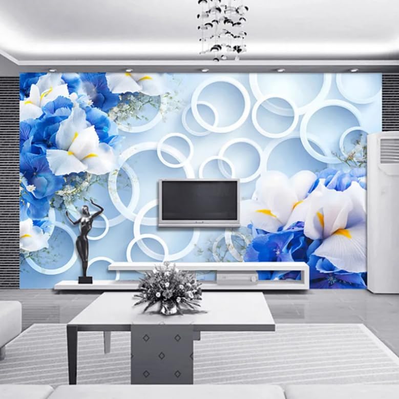 Papier peint 3D fleurs bleues pour sublimer le mur de votre canapé de salon