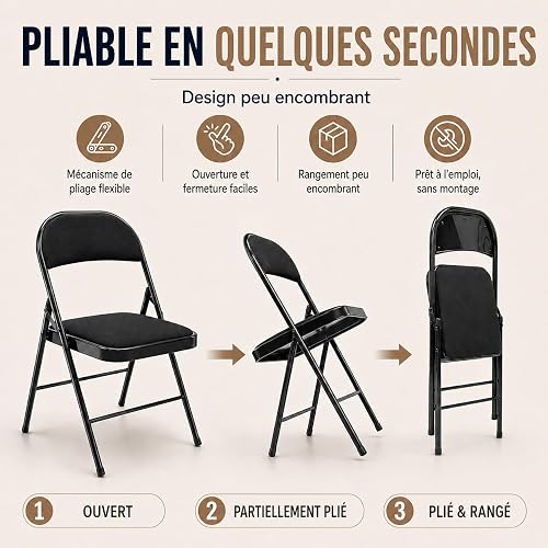Asdsed Lot de 8 Chaises Pliantes Rembourrées, Jusqu'à 160 kg, Robuste et Stable, Gain de Place, Confortable Chaise Pliable pour Salon, Salle à Manger, Camping, Jardin, Cuisine, Tissu, Noir - 3