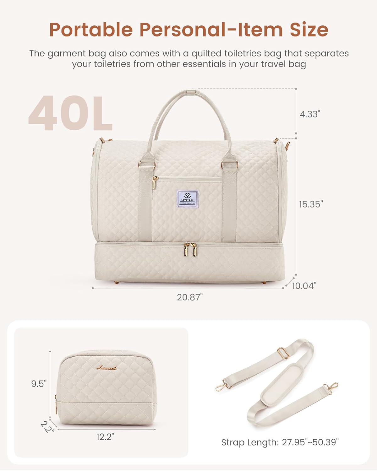 LOVEVOOK Convertible Garment Bag for Travel with Shoe Pouch, Carry On Garment Duffel Bag with Toiletry Bag, 2 in 1 Hanging Suitcase Suit Bag, Waterproof Weekender Bag for Women Travel, Wedding, Beige - Image 2