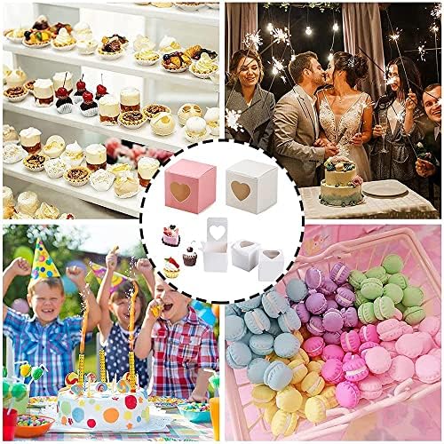 40 Pieces 5cm Candy Gift Boxes, Candy Packing Boxes, Paper Gift Candy Box, Mini Cake Bakery Box, Small Cupcake Boxes, Carrier Individual Containers with Heart Window for Party, Wedding (Pink, White)