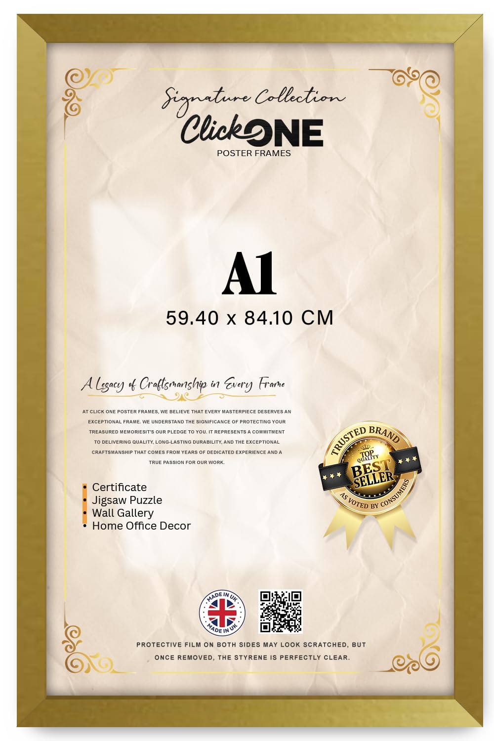Click One — A1 (59.40 X 84.10 CM) Frame | 33 X 23 Inch Wall Frame For Living Rooms, Offices And Art Galleries — Slim Gold Profile, Glass Front And Secure Hanging System For Photos And Paintings