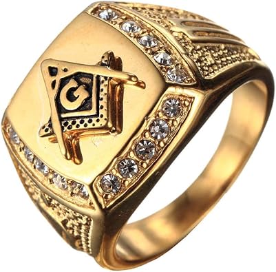 Mens Stainless Steel Masonic Freemason Ring with Diamonds Biker Symbol Member Band