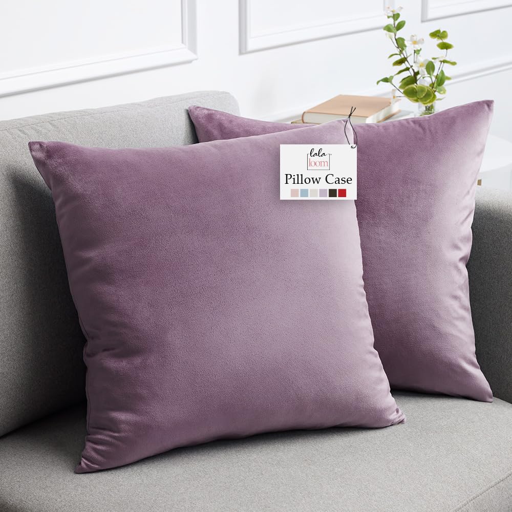 lalaLOOM Velvet Throw Pillow Covers, Set of 2, 18x18 Decorative Square Pillows Home Decor, Soft Accent Cases, Silky Machine Washable Pillowcases for Sofa, Couch, Bedroom, Living Room, Plum Purple