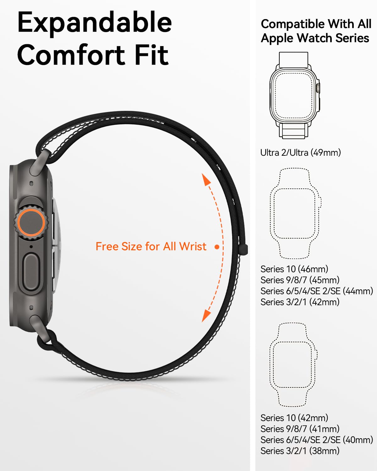 Yoohoo Cinturino Trail Loop Compatibile con Cinturino Apple Watch 42mm(Series 10) 41mm 40mm 38mm, Cinturino Regolabile Nylon Elastico Sport Cinturino per iWatch Series 10 9 8 7 6 5 4 3 2 1 SE