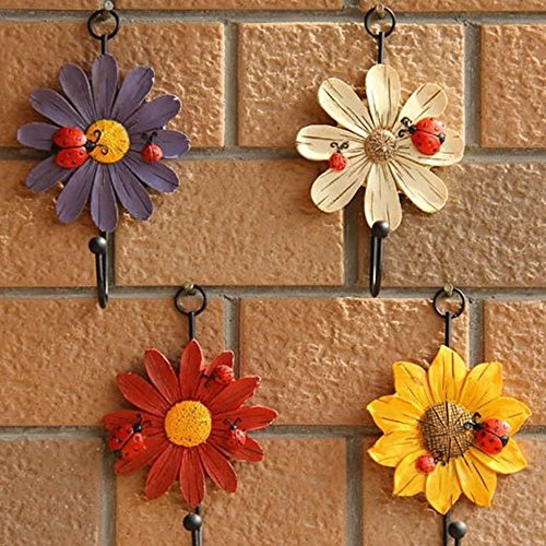 Creative Daisy Resin Wall Hooks Wall Mounted Art Flower Iron Hook Hand-Painted Hanging Coat / Hat /Key/ Towel Hooks Home Decoration(Set Of 4) #TOP6