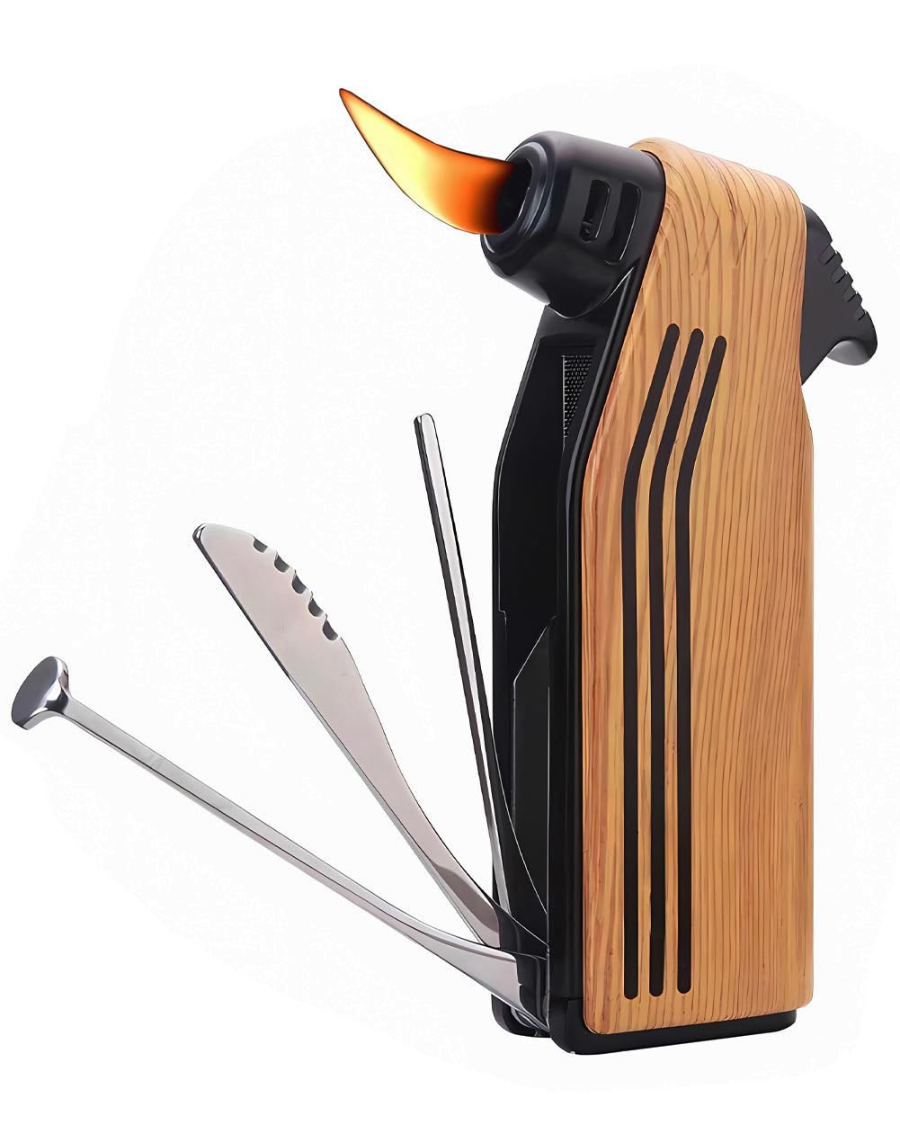 Multifunction Lighter 4 in 1 Lighters Butane Reusable Angled Soft Flame Candle Lighter (Wood grai)