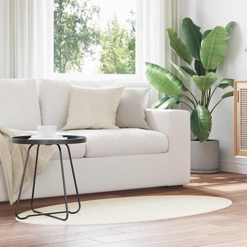 HUARTE Tapis ovale 80 x 150 cm - Tapis antidérapant pour salon et couloir - Tapis facile d'entretien en 100 % polyester - Lavable en machine - Design moderne - Crème