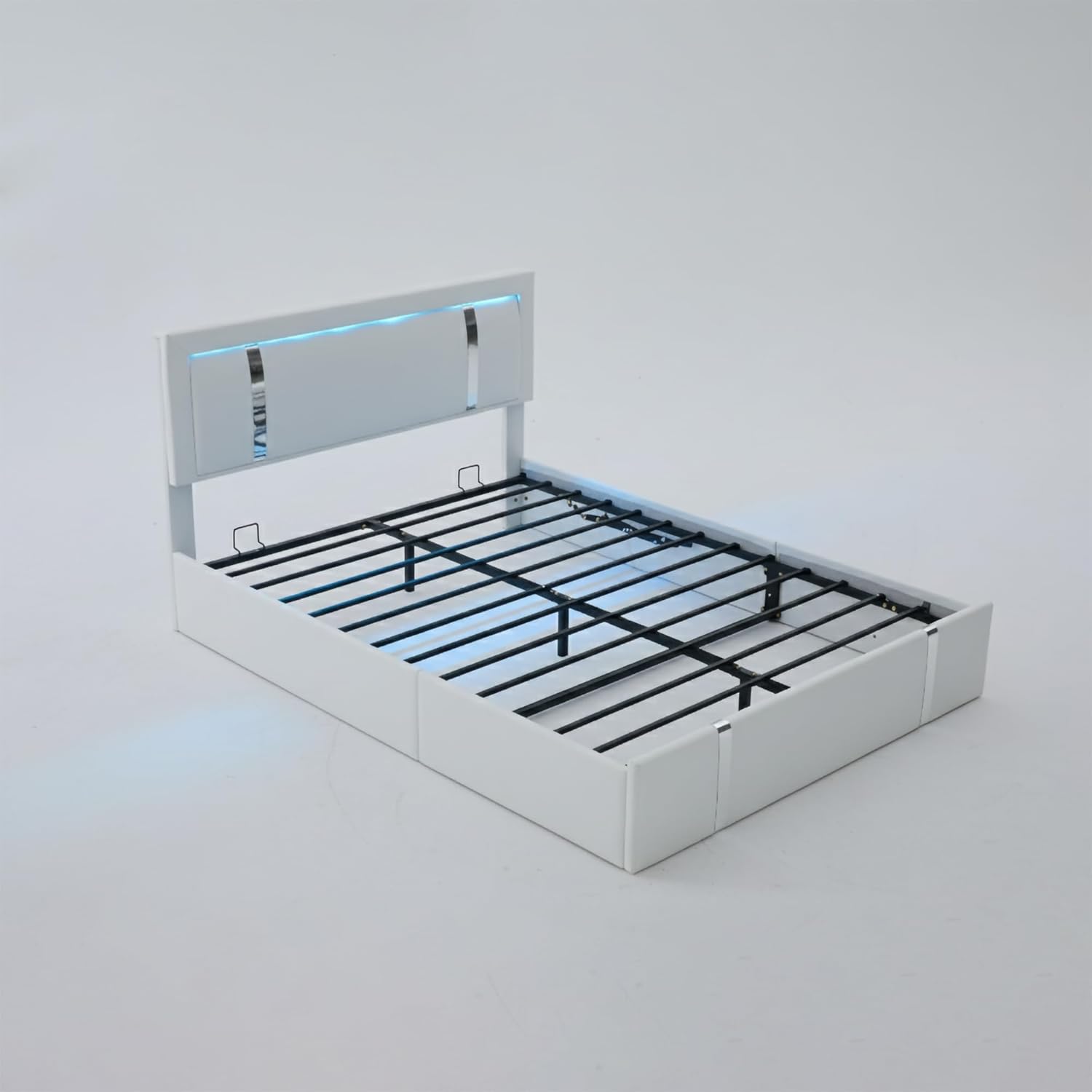 Full Faux Leather Upholstered Lift Up Storage Bed with Adjustable LED Lights Headboard and Charging Ports, Metal Platform Bed Frame, No Box Spring Needed, Easy Assembly (White, Full)