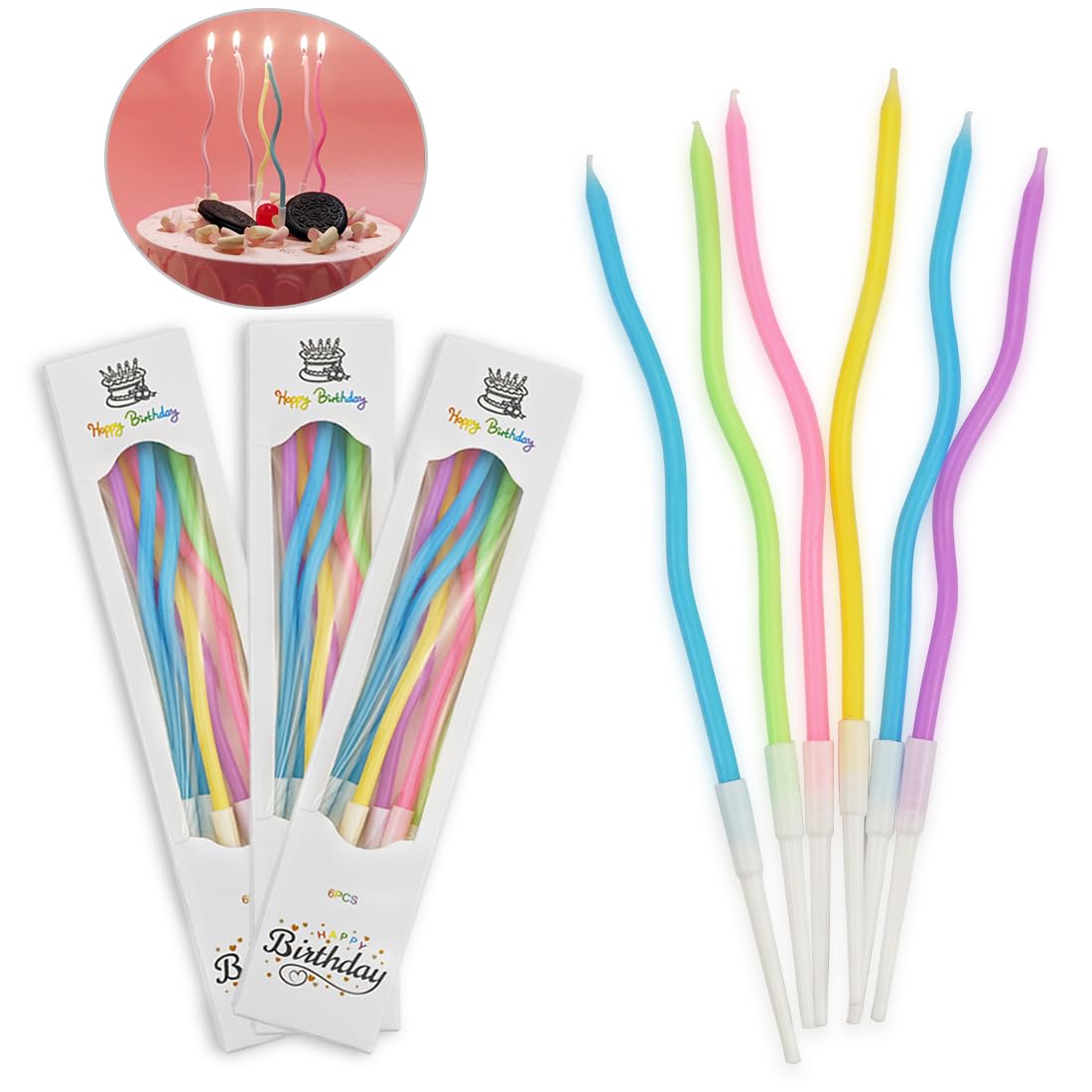 SHSMPXOY Pack of 18 Birthday Candles Spiral Cake Candles for Cake Decorations Curves Colourful Birthday Candle with Holders for Birthday Candles Parties Weddings Party Decorations Easter