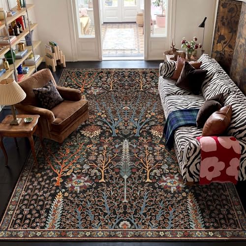 Kokia 9x12 Black Oriental Botanical Washable Printed Area Rug