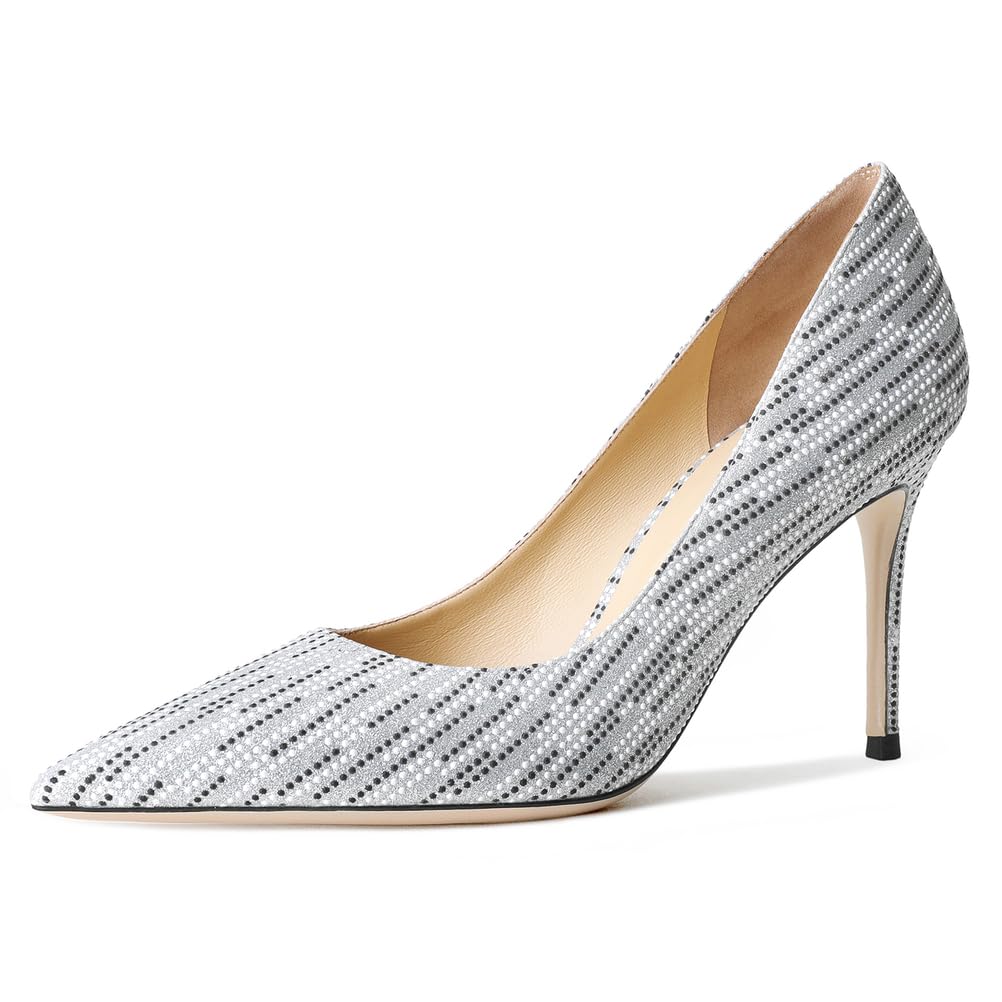 Damskie srebrne szpiczaste szpilki 6 cm/8 cm/10 cm z czarno-białym wzorem w kropki eleganckie czółenka na wesele, studniówkę i formalne wydarzenia, Czarno-białe kropki 8 cm, 35 EU