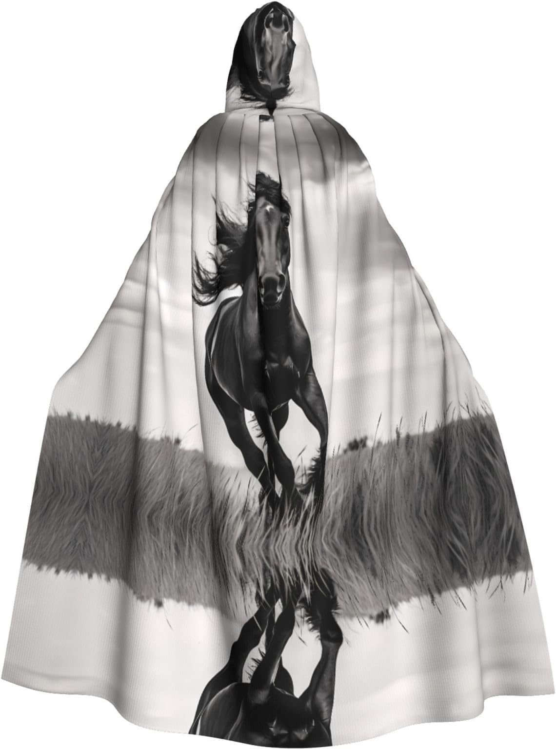 Black Stallion Printed Halloween Hooded Cape Adult Costume Cape Wide-Brimmed Hood With Bow Tie Suitable For Costume Parties