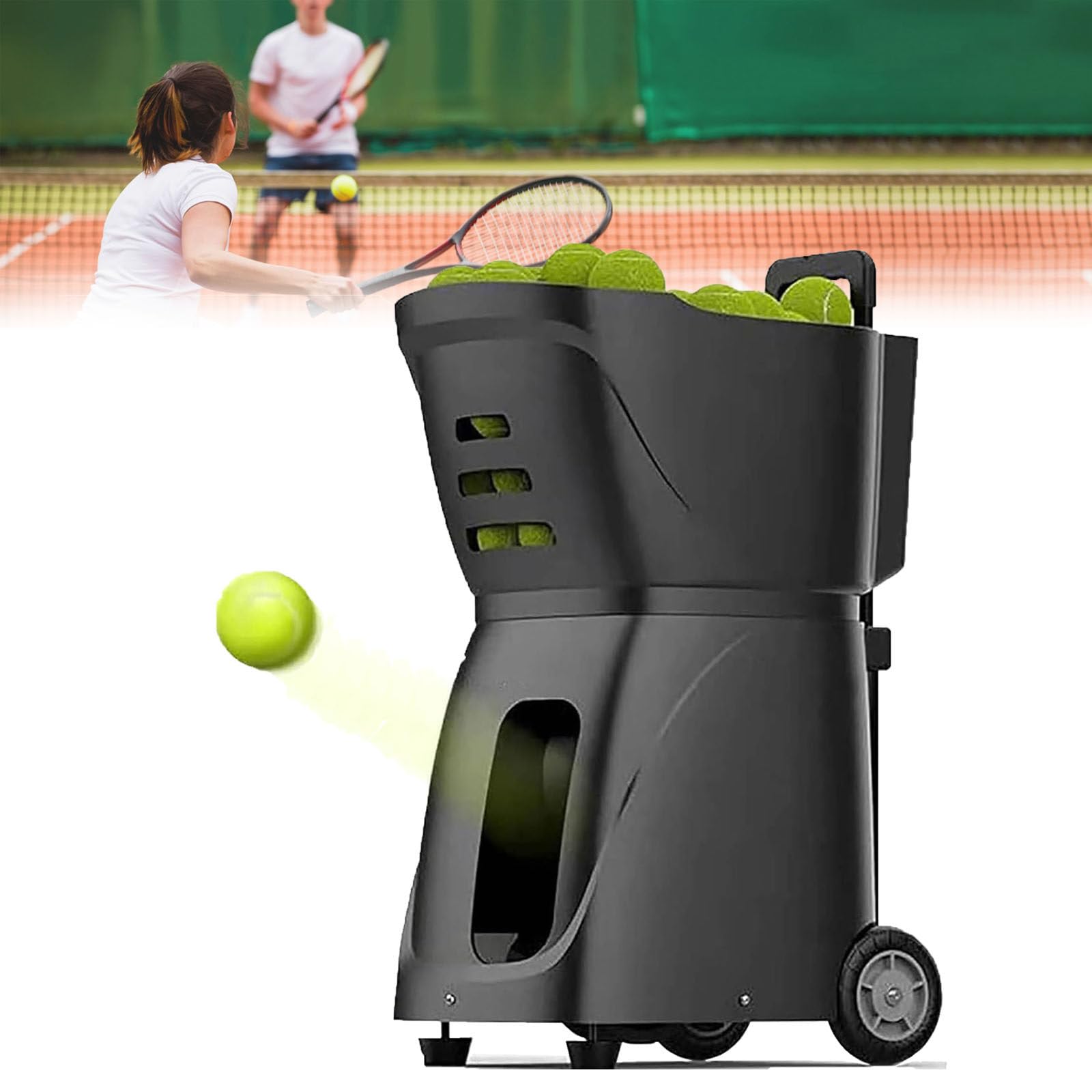 Máquina portátil de pelotas de tenis, giro superior y retroceso, capacidad de 100 pelotas, distancia de servicio de 25 metros, más de 4 horas de tiempo de juego con batería recargable