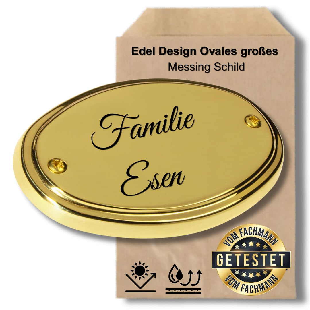 Edel Design Ovales großes Messing Schild - Türschild - Länge 11,1 cm, Breite 7,3 cm, Höhe 0,5 cm mit individueller Gravur