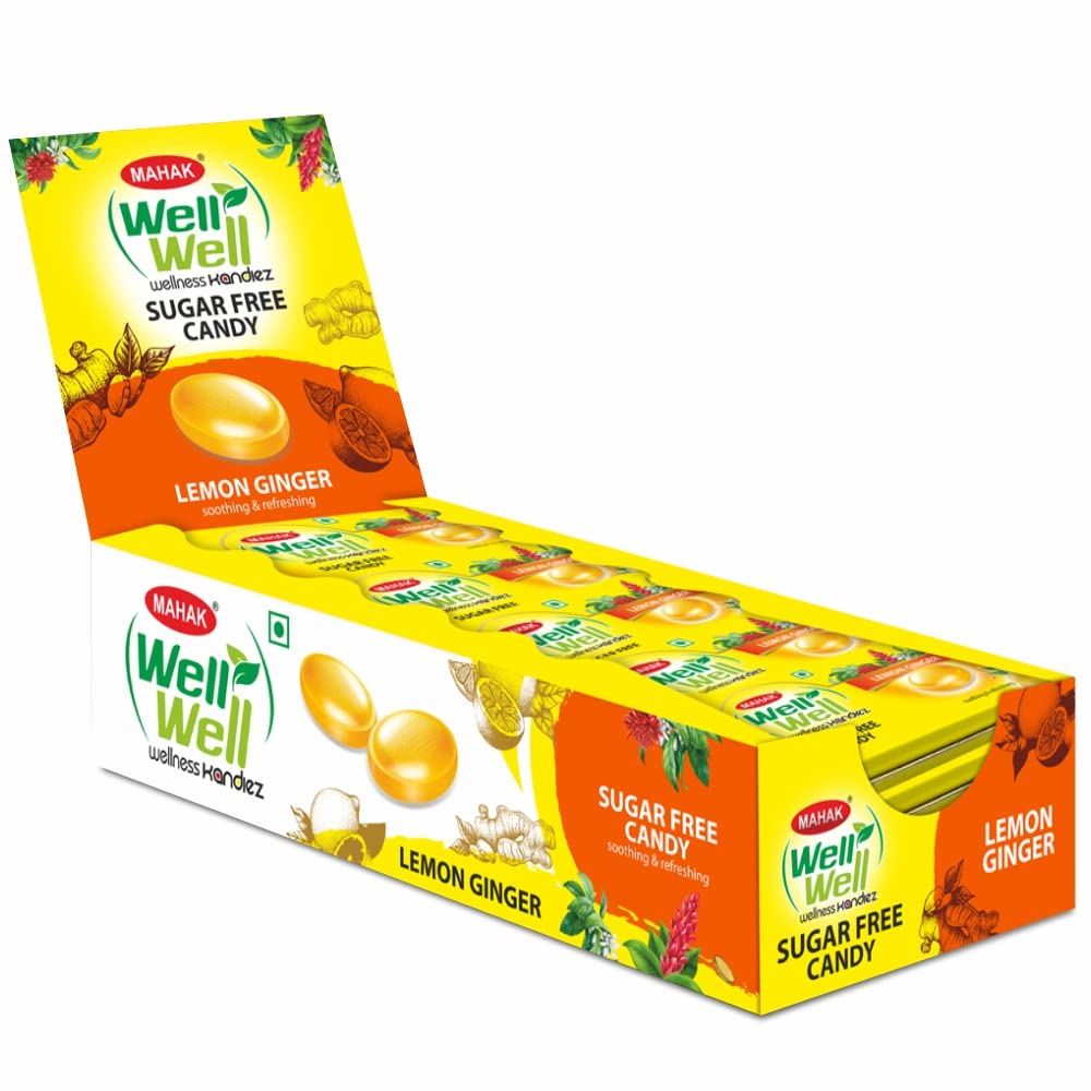 Mahak Kandiez Well Well Sugar Free Candy 672 gm (240 = 20 Pieces X 12 Tin Cady) I Lemon Ginger Flavor I Wellness Easily Digestive | Mouth Fresheners Candy | Testy Candy with Healthy and Low Calories