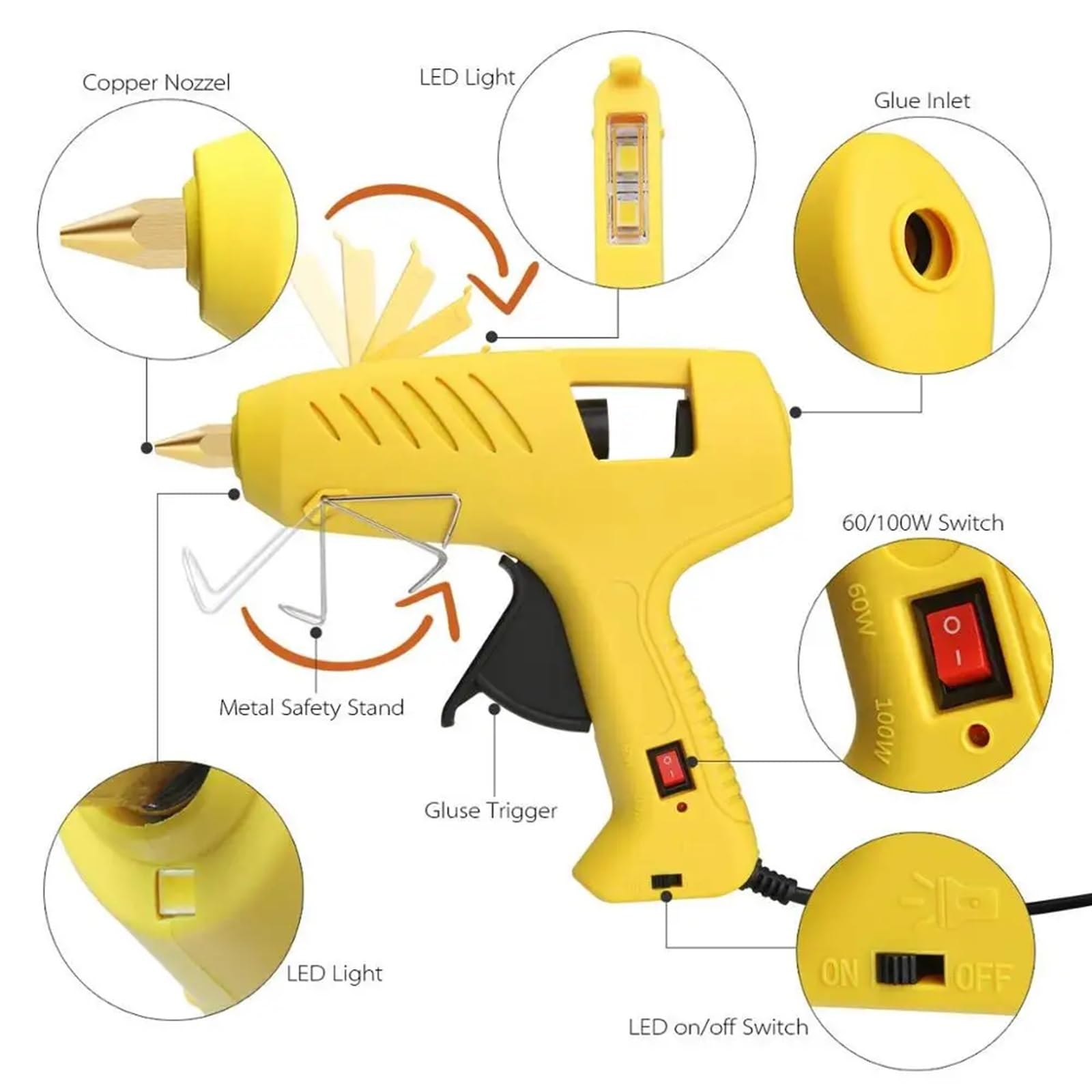 Pistola de pegamento para derretir, para manualidades, reparaciones rápidas en el hogar Pistola de Pegamento Caliente con luces LED, herramienta de bricolaje de doble potencia de tamaño completo de 60