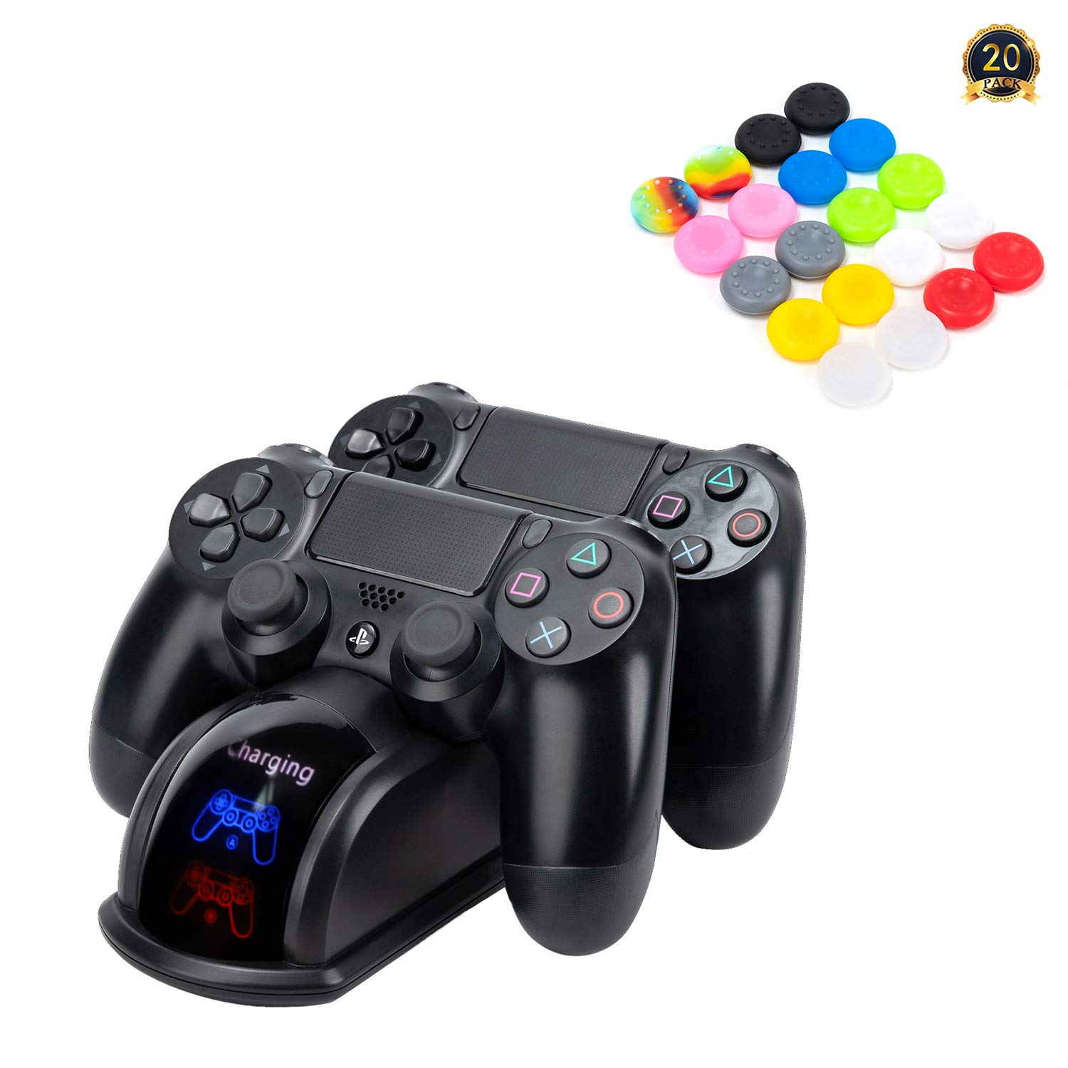 My Genik Controller Charger for PS4/PS4 Slim/PS4 Pro,Fast Charging Station Dock for DualShock 4 Controller,Double Charging Station Stand, Come with 20 PCS Colorful Silicone Thumb Grips