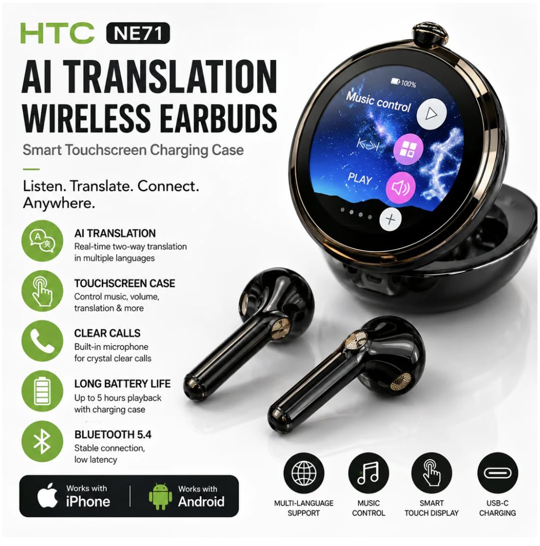 HTC NE71 AI Translation Écouteurs sans fil avec étui rond pour écran tactile, Bluetooth 6.0, noir