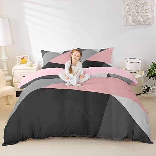Miniatura 4 de Erosebridal Juego de funda de edredón de triángulo geométrico negro, gris, rosa, tamaño matrimonial, para niños, niñas y mujeres, funda de edredón